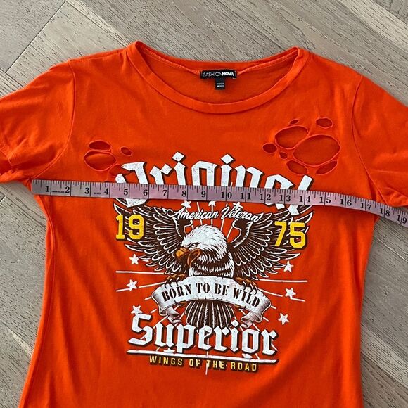Fashion Nova Distressed Eagle Graphic Tee Orange Born To Be Wild Shirt S-M - Picture 5 of 6